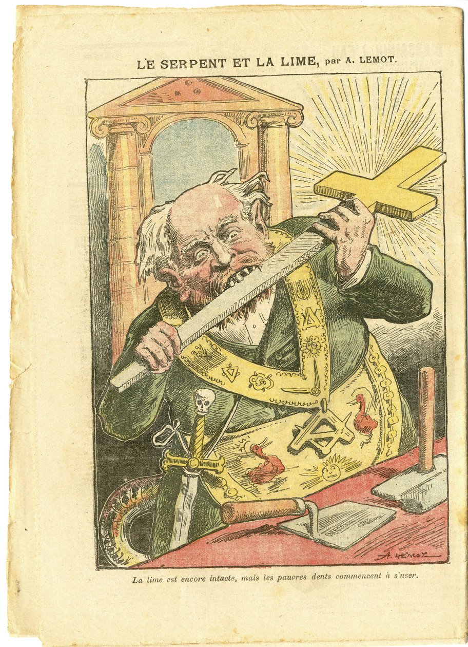 Ilustración de Achille Lemot (1846-1909) en Le Pelerin, 23/05/09 - La Serpiente y la Lima - Antimasonismo, Fe Religiosa, Cruz Cristiana, Fábulas de La Fontaine y otros, Catolicismo - Laicización - Serpientes - Animalización de Achille Lemot