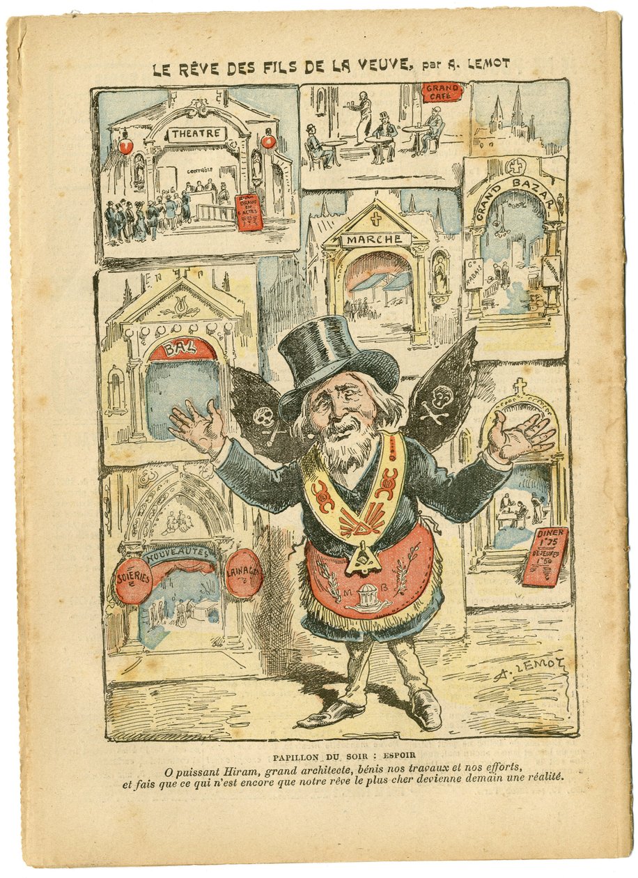 Ilustración de Achille Lemot (1846-1909) en Le Pelerin, 23/09/06 - El sueño de los hijos de la viuda - Antimilitarismo, Religión Fe, Iglesias Catedrales, Catolicismo - Laicización del espacio religioso, Laicización Laicidad Leyes laicas - Hiram de Achille Lemot