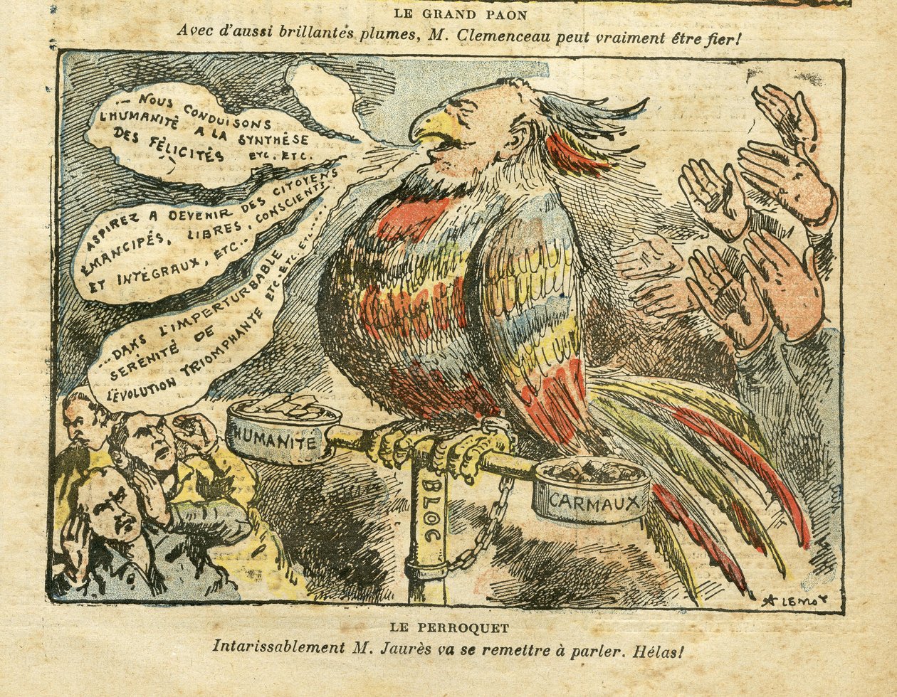Ilustración de Achille Lemot en Le Pelerin, 26/01/08 - El gran pavo real - Huelga, Socialismo, Carmaux, Humanidad (diario) - Jaurès Jean, Loro de Achille Lemot