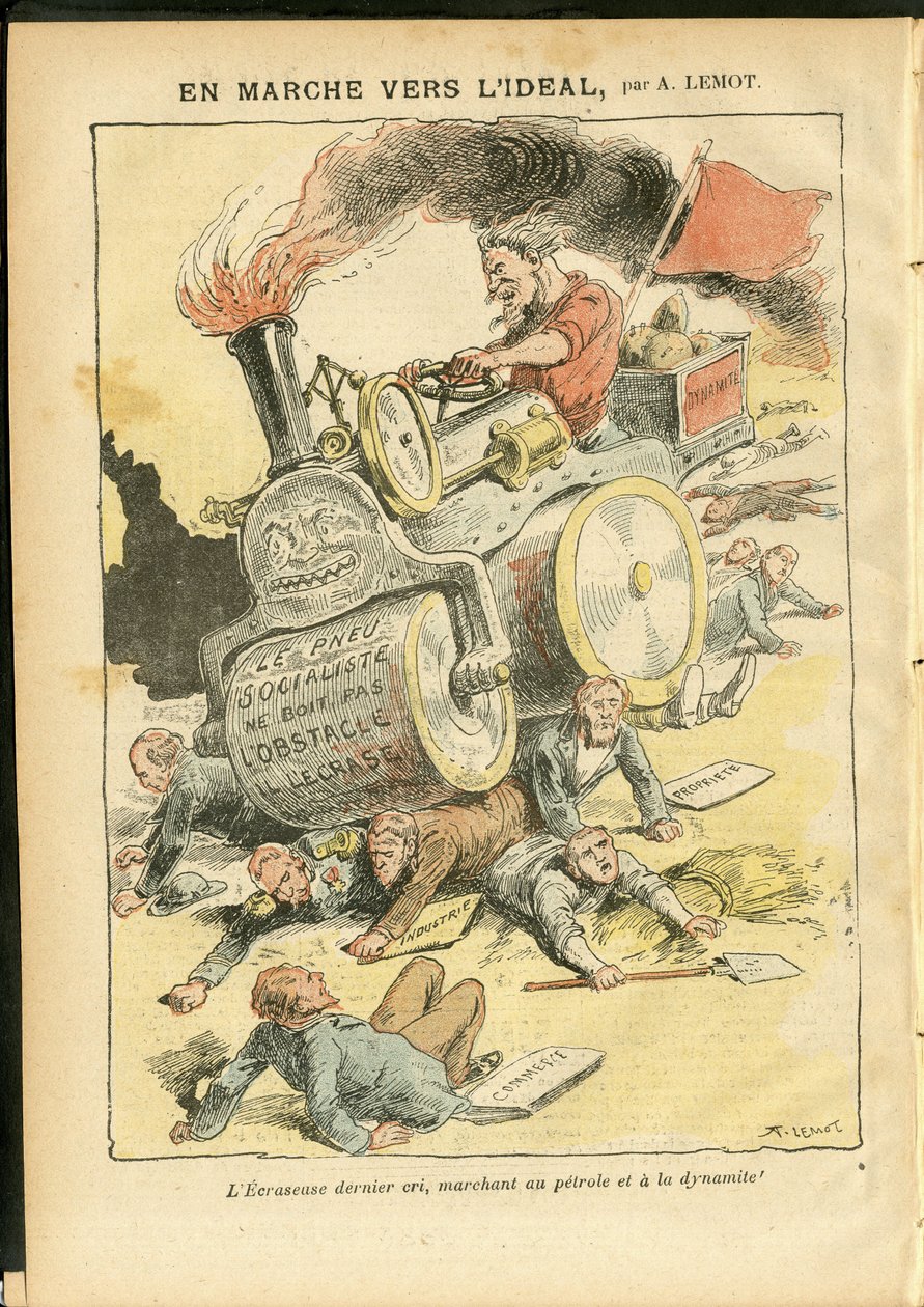 Ilustración de Achille Lemot (1846-1909) en Le Pelerin, 27/05/06 - En la marcha hacia el ideal - Social, Automóvil, Cadáveres, Revolución, Bandera roja, Economía, Socialismo, Neumático, Pinchazo de Achille Lemot