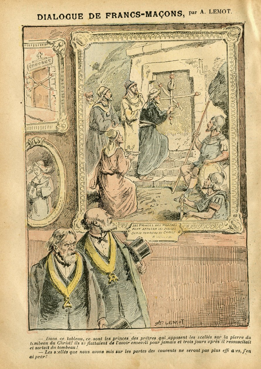 Ilustración de Achille Lemot (1846-1909) en Le Pelerin, 31/03/07 - Diálogo de Francmasones - Arte, Antimasonismo, Religión Fe, Catolicismo - Separación de Iglesia y Estado, Inventarios/Reacciones a inventarios de Achille Lemot