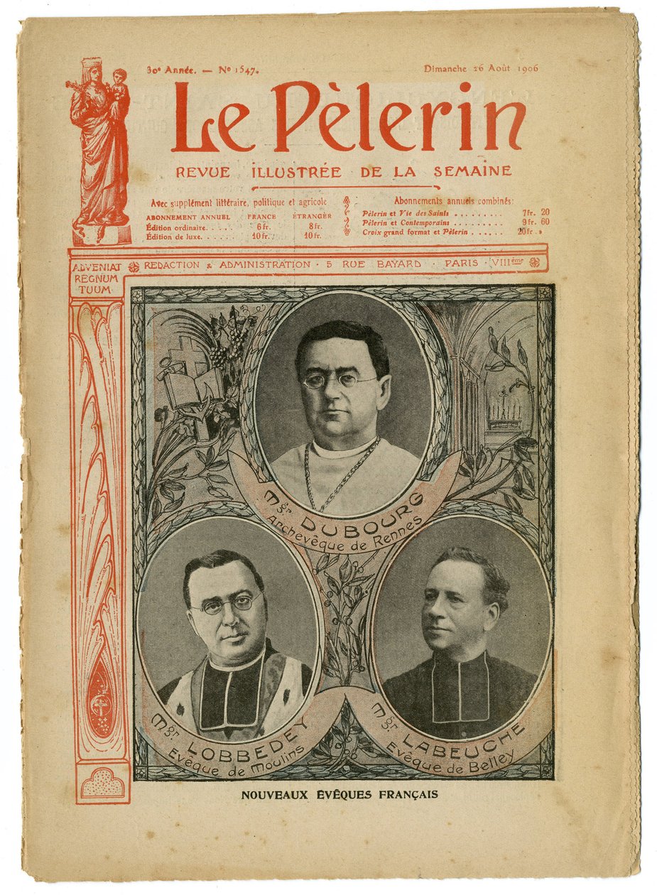 Ilustración de Achille Lemot (1846-1909) para la portada de Le Pelerin, 26/08/06 - Nuevos obispos ingleses - Religión Fe, Catolicismo - Obispos de Achille Lemot