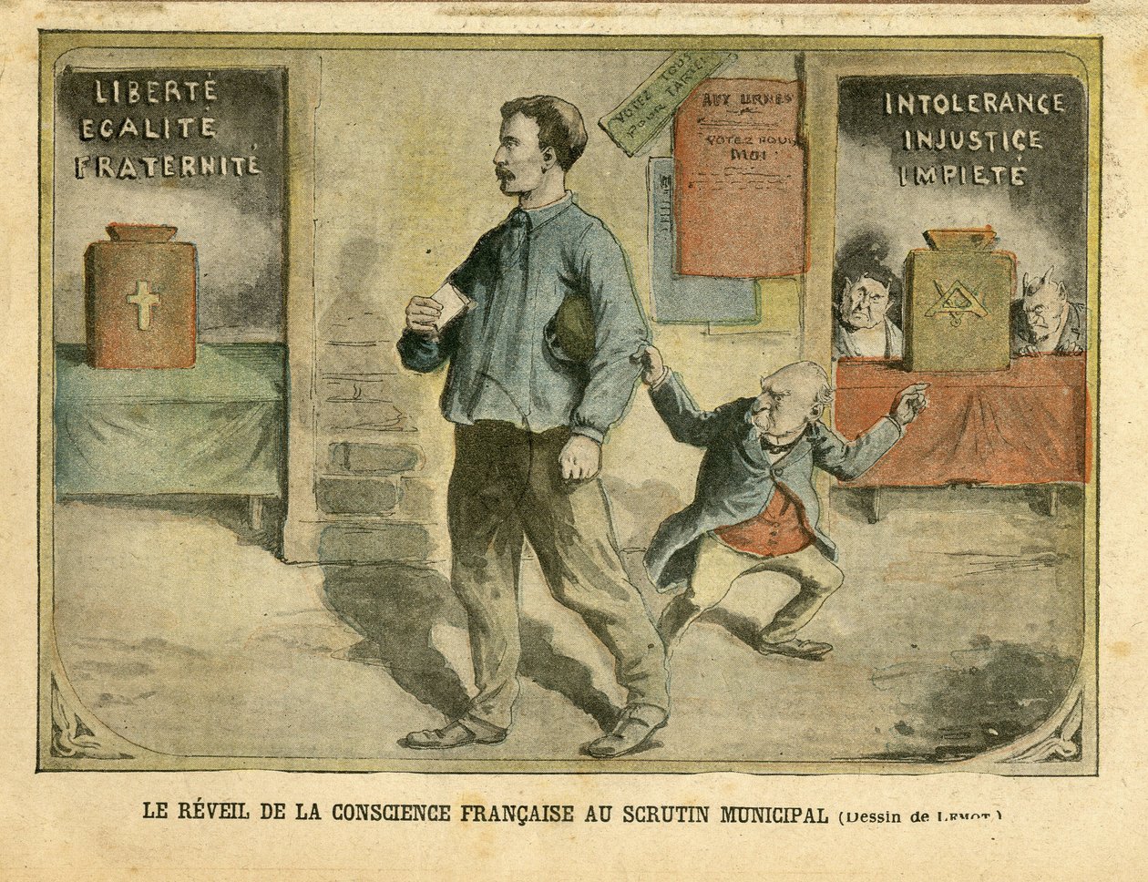 Ilustración de Achille Lemot (1846-1909) en Le Pelerin, 01/05/04 - El despertar de la conciencia francesa al voto municipal - Elecciones, Religión Fe, Bloque de izquierdas, Catolicismo Católico - Laicización Laicidad Leyes laicas - Combes Emile (1835-1921) de Achille Lemot