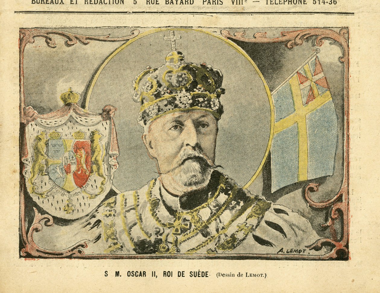 Ilustración de Achille Lemot (1846-1909) en Le Pelerin, 02/07/05 - Su Majestad Oscar II, Rey de Suecia - Monarquía, Suecia - Oscar II de Achille Lemot