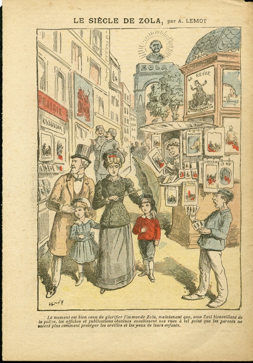 Ilustración de Achille Lemot (1846-1909) en Le Pelerin, 03/05/08 - El siglo de Zola - Religión Fe, Familia, Pornografía, Quioscos de periódicos, Catolicismo Católico, Callejón Rue - Zola Emile de Achille Lemot