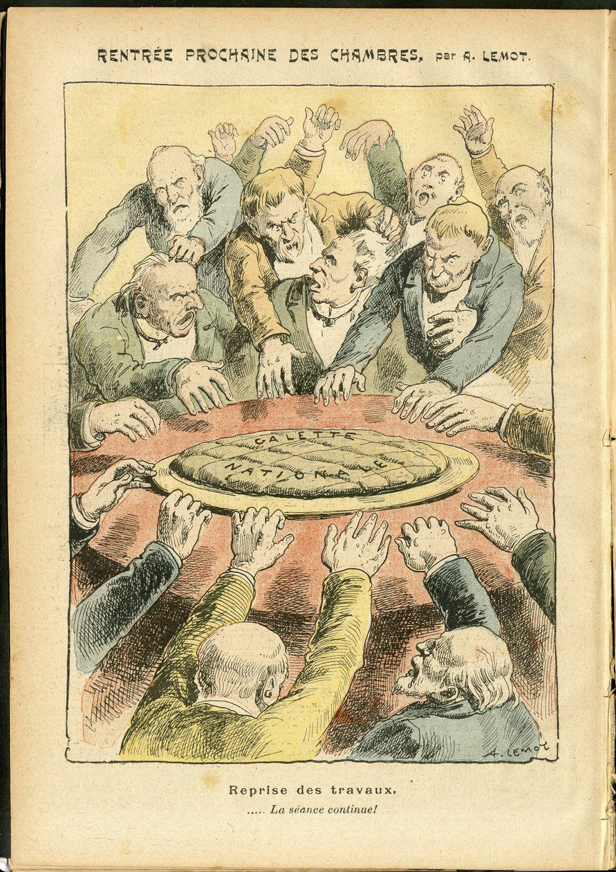 Ilustración de Achille Lemot (1846-1909) en Le Pelerin, 03/06/06 - Próximo alquiler de las cámaras - Antiparlamentarismo, Cámara de Diputados Hemiciclo, Galette des rois - Diputado de Achille Lemot