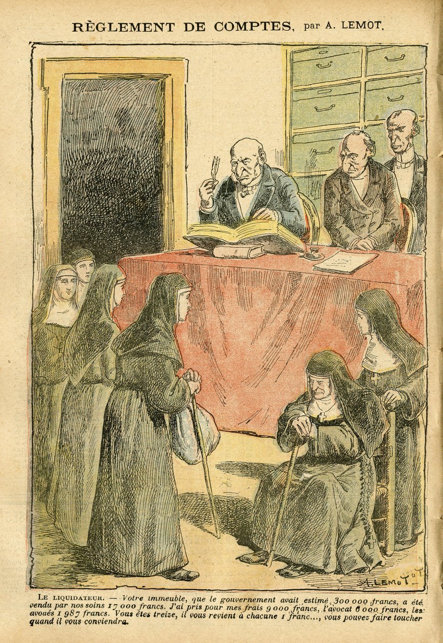 Ilustración de Achille Lemot en Le Pelerin, 04/08/07 - Regulación de cuentas - Antisemitismo, Religión Fe, Catolicismo - Separación de Iglesia y Estado, Inventarios/Reacciones a inventarios - Monjas hermanas buenas hermanas de Achille Lemot