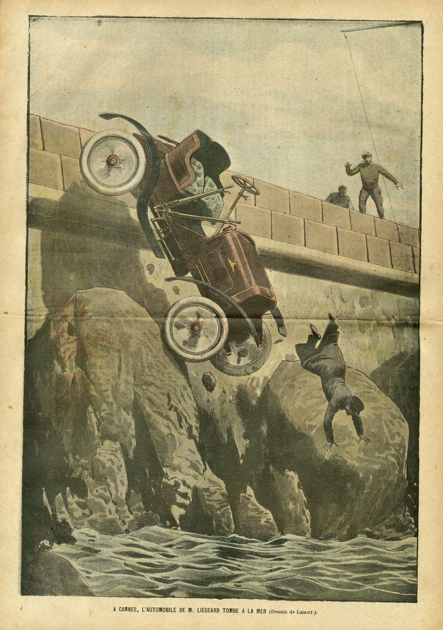 Ilustración de Achille Lemot (1846-1909) en Le Pelerin, 05/05/07 - En Cannes, el automóvil del Sr. Liegard cae al mar - Hechos diversos, Automovilismo, Marina Marítima Costera, Accidentes Desastres de Achille Lemot