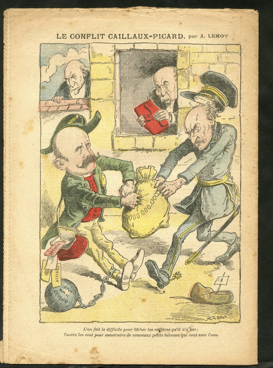 Ilustración de Achille Lemot (1846-1909) en Le Pelerin, 07/03/09 - El Conflicto Caillaux-Picard - Tributación, Impuesto sobre la renta - Combes Emile (1835-1921), Clemenceau George, Caillaux Joseph (1863-1944) de Achille Lemot