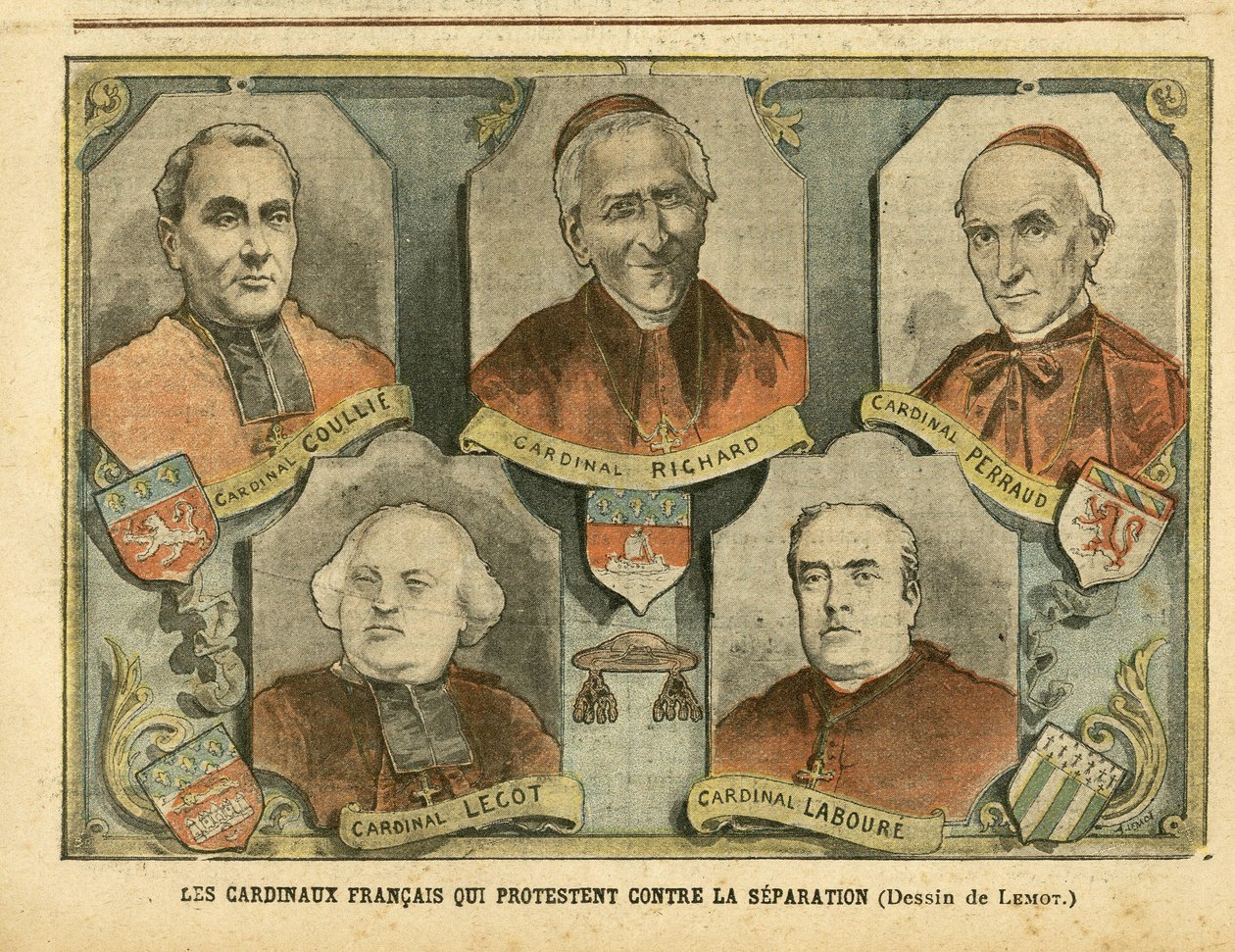 Ilustración de Achille Lemot (1846-1909) en Le Pelerin, 09/04/05 - Cardenales franceses que protestan contra la separación - Fe religiosa, Catolicismo - Separación de Iglesia y Estado - Richard Mgr (1819-1908), Perraud Cardenal (1828-1906), Lecot Cardi de Achille Lemot