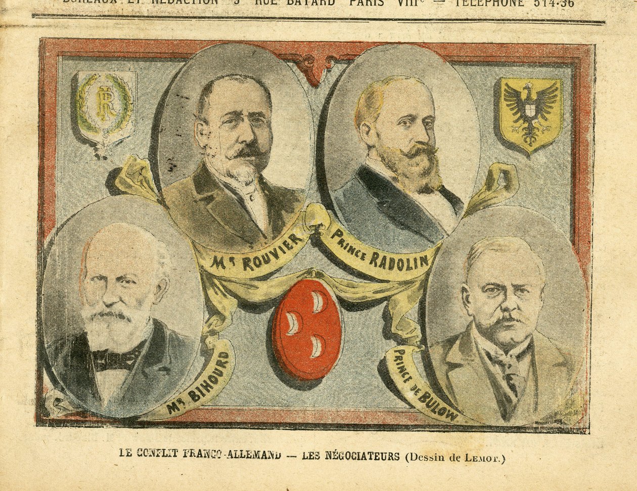 Ilustración de Achille Lemot en Le Pelerin, 09/07/05 - El conflicto franco-alemán los negociadores - Colonización Colonialismo Colonias, Alemania Prusia, Marruecos, Francia, Tánger - Rouvier Maurice, Bulow Bernhard von de Achille Lemot