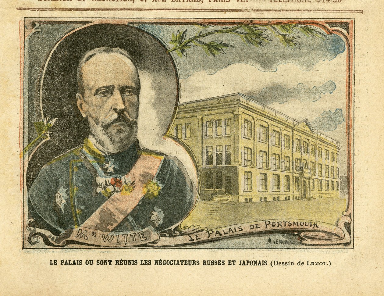 Ilustración de Achille Lemot (1846-1909) en Le Pelerin, 20/08/05 - El palacio donde se reúnen los negociadores rusos y japoneses - Rusia, Japón, Guerra ruso-japonesa, Portsmouth - Witte Serge (1849-1915) de Achille Lemot