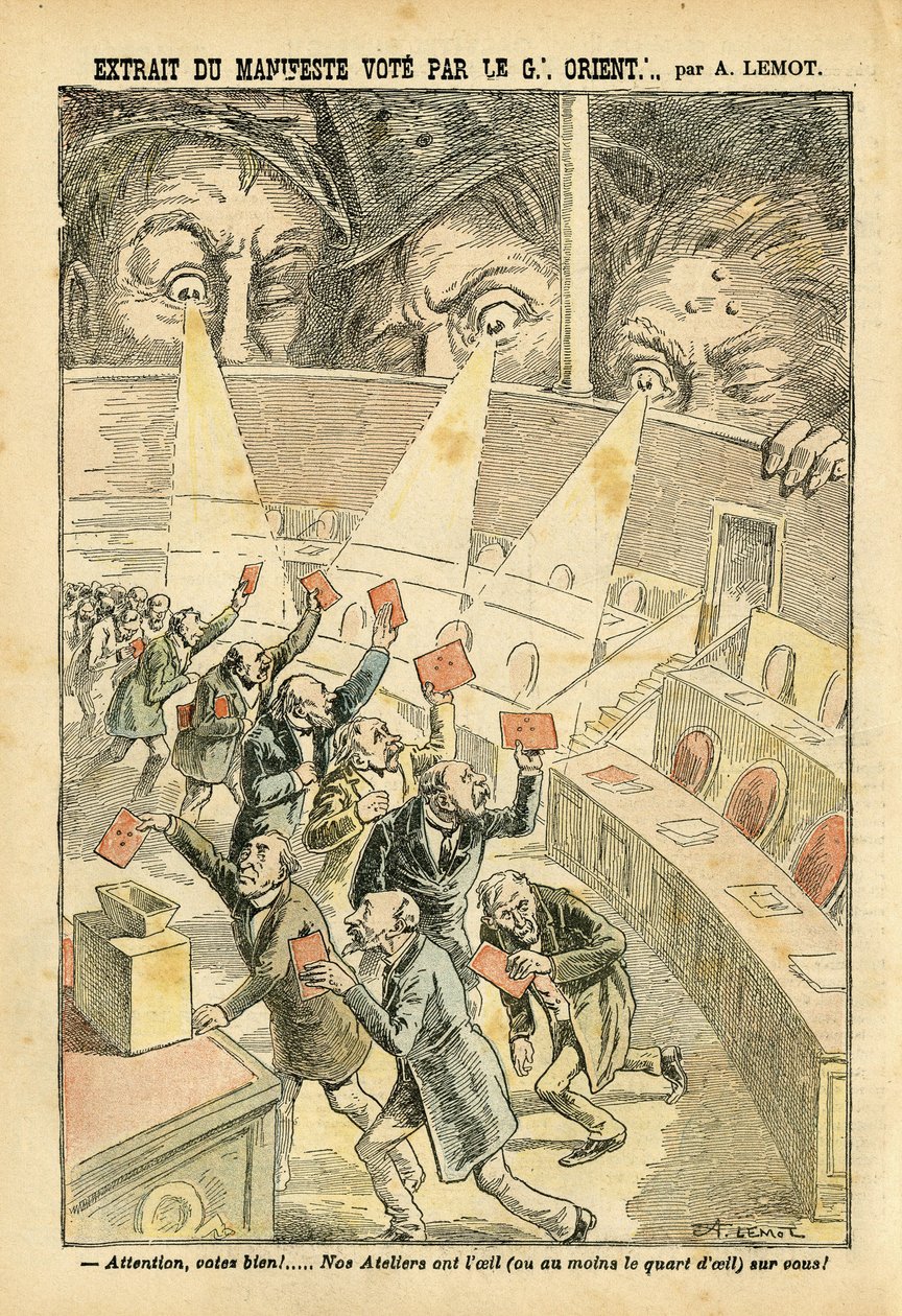 Ilustración de Achille Lemot (1846-1909) en Le Pelerin, 20/11/04 - Extracto del manifiesto votado por el Gran Oriente - Antimasonismo Francmasonería, Gran Oriente de Francia - Urna de Achille Lemot