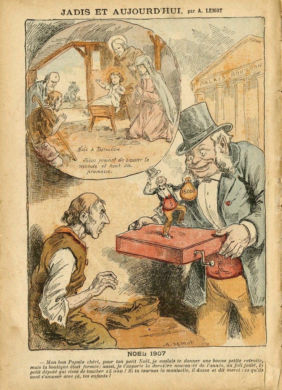 Ilustración de Achille Lemot (1846-1909) en Le Pelerin, 22/12/07 - Antes y hoy - Jubilación de trabajadores, Antiparlamentarismo, Fe religiosa, Navidad, Cámara de Diputados, Quince mil, Indemnizaciones parlamentarias, Catolicismo de Achille Lemot