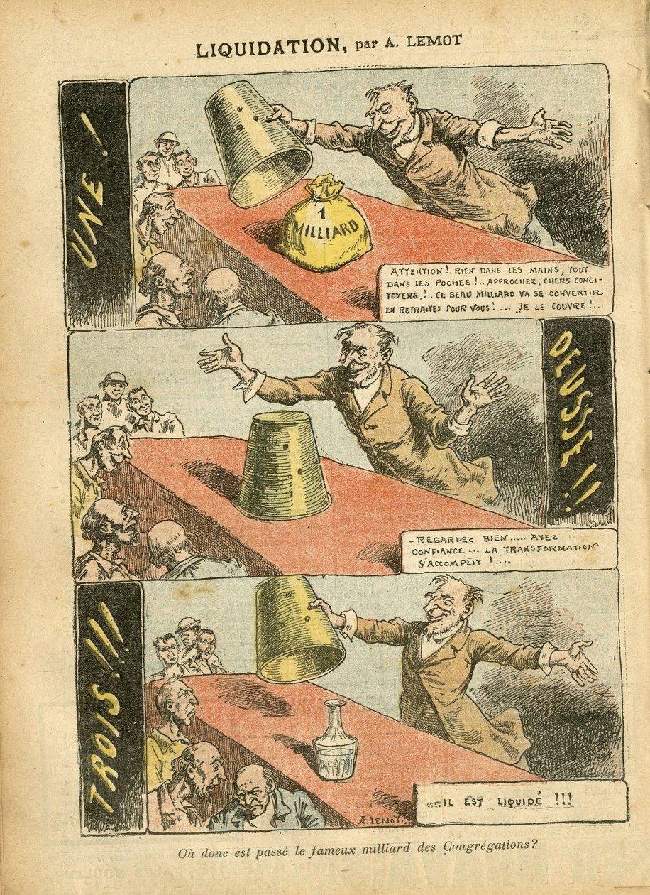 Ilustración de Achille Lemot (1846-1909) en Le Pelerin, 23/06/07 - Liquidación - Juego, Religión Fe, Plata, Catolicismo - Billón de Congregaciones - Honneteau de Achille Lemot