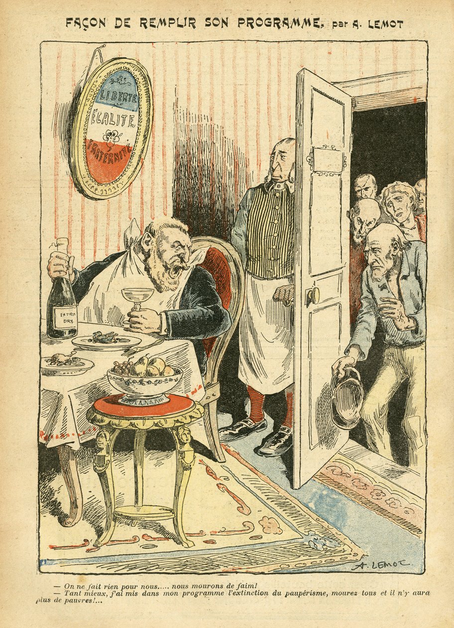 Ilustración de Achille Lemot (1846-1909) en Le Pelerin, 23/07/05 - Cómo cumplir su programa - Social, Miseria, Gastronomía cocina, Socialismo - Jaurès Jean, Diputado, Homemans - Metáfora alimentaria, Oposición/Asociación de Achille Lemot