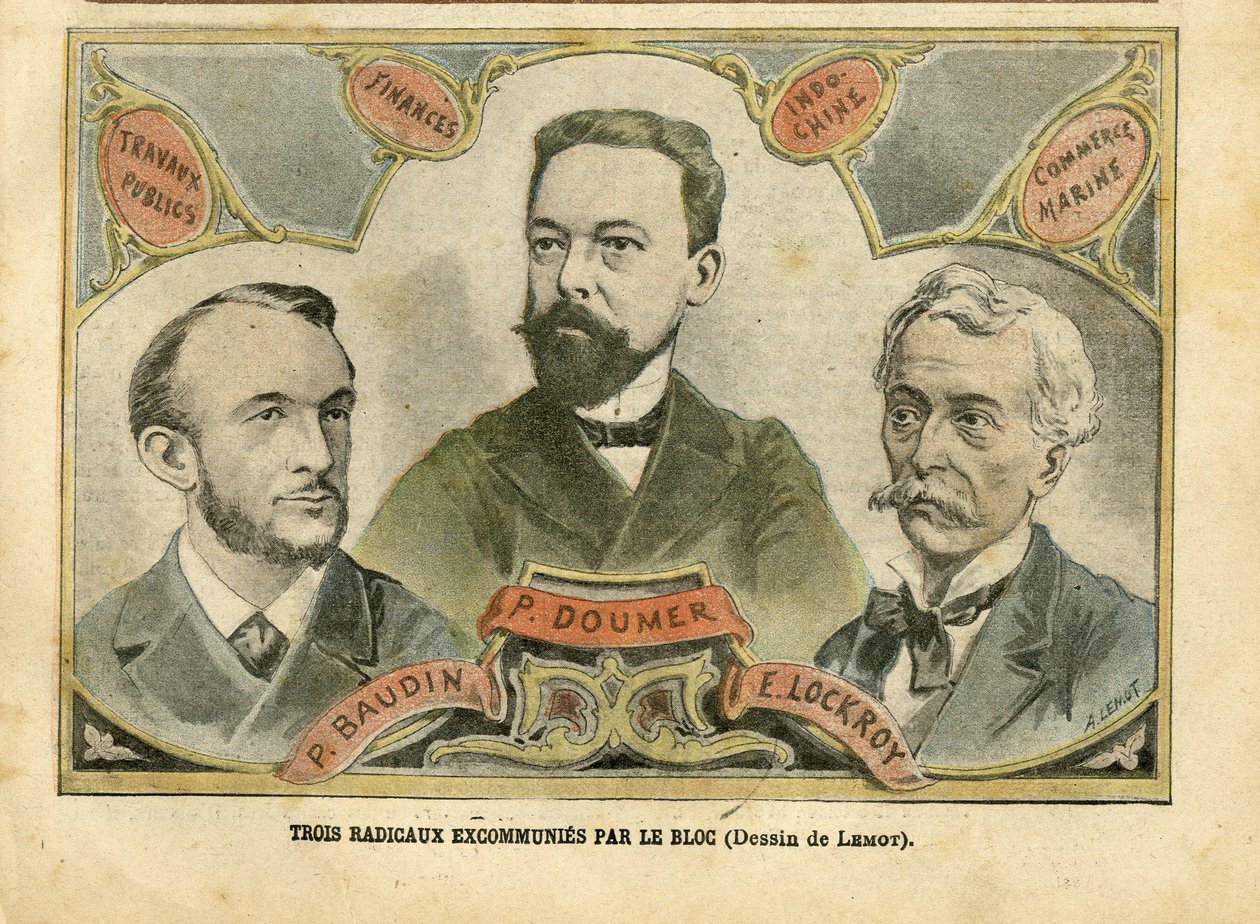 Ilustración de Achille Lemot (1846-1909) en Le Pelerin, 23/10/04 - Tres radicales excomulgados por el Bloque - Presupuesto Finanzas, Presidente de la República, Marina Marítima Náutica Balnearia, Bloque de izquierdas, Indochina, Obras públicas - Doumer Pau de Achille Lemot