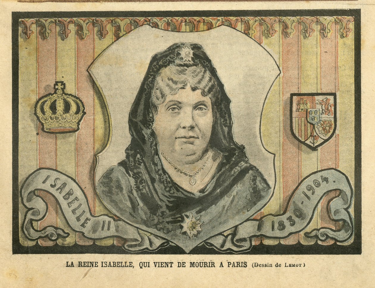 Ilustración de Achille Lemot (1846-1909) en Le Pelerin, 24/04/04 - Reina Isabel, que acaba de morir en París - París, España, Monarquía, Soberano Extranjero - Isabel II de España (1830-1904) de Achille Lemot