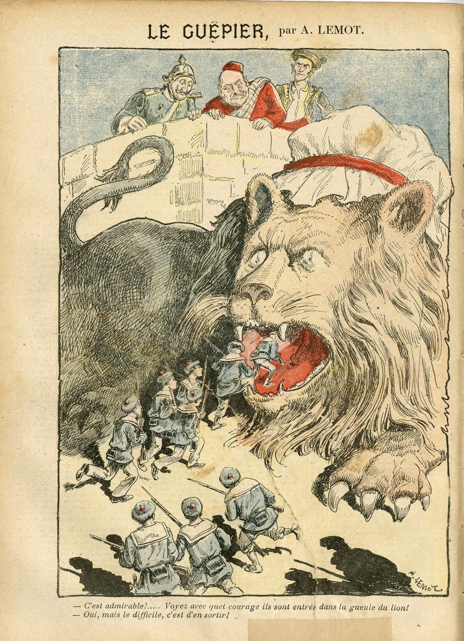 Ilustración de Achille Lemot (1846-1909) en Le Pelerin, 25/08/07 - Le Guepier - Guerra, Alemania Prusia, Inglaterra Gran Bretaña, España, Marina Marítima Costera - León/Tigre de Achille Lemot