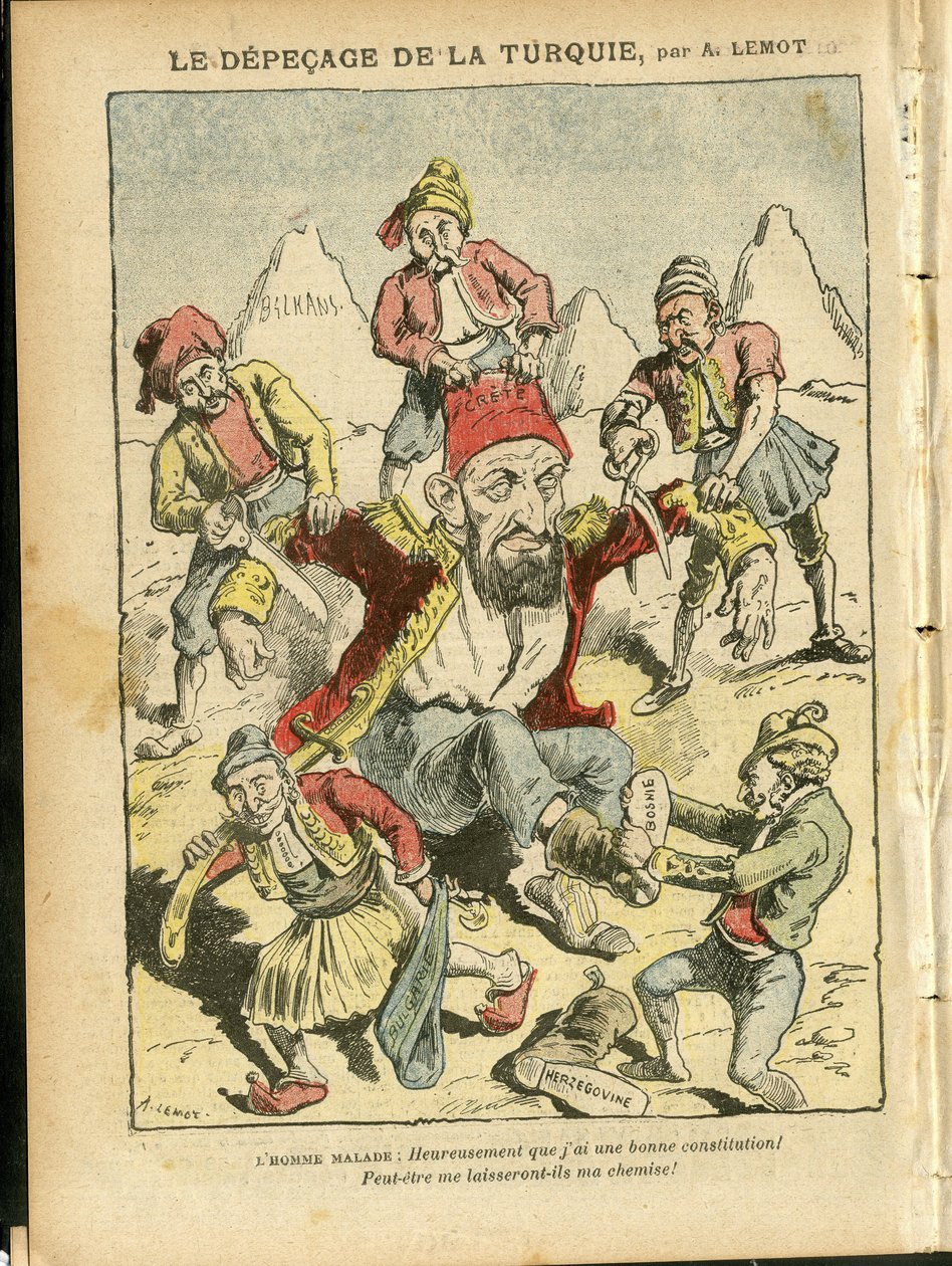 Ilustración de Achille Lemot (1846-1909) en Le Pelerin, 25/10/08 - El desmembramiento de Turquía - Turquía, Religión Fe, Balcanes, Bulgaria, Bosnia Herzegovina, Creta, Catolicismo - Abdul-Hamid II (1842-1918) de Achille Lemot