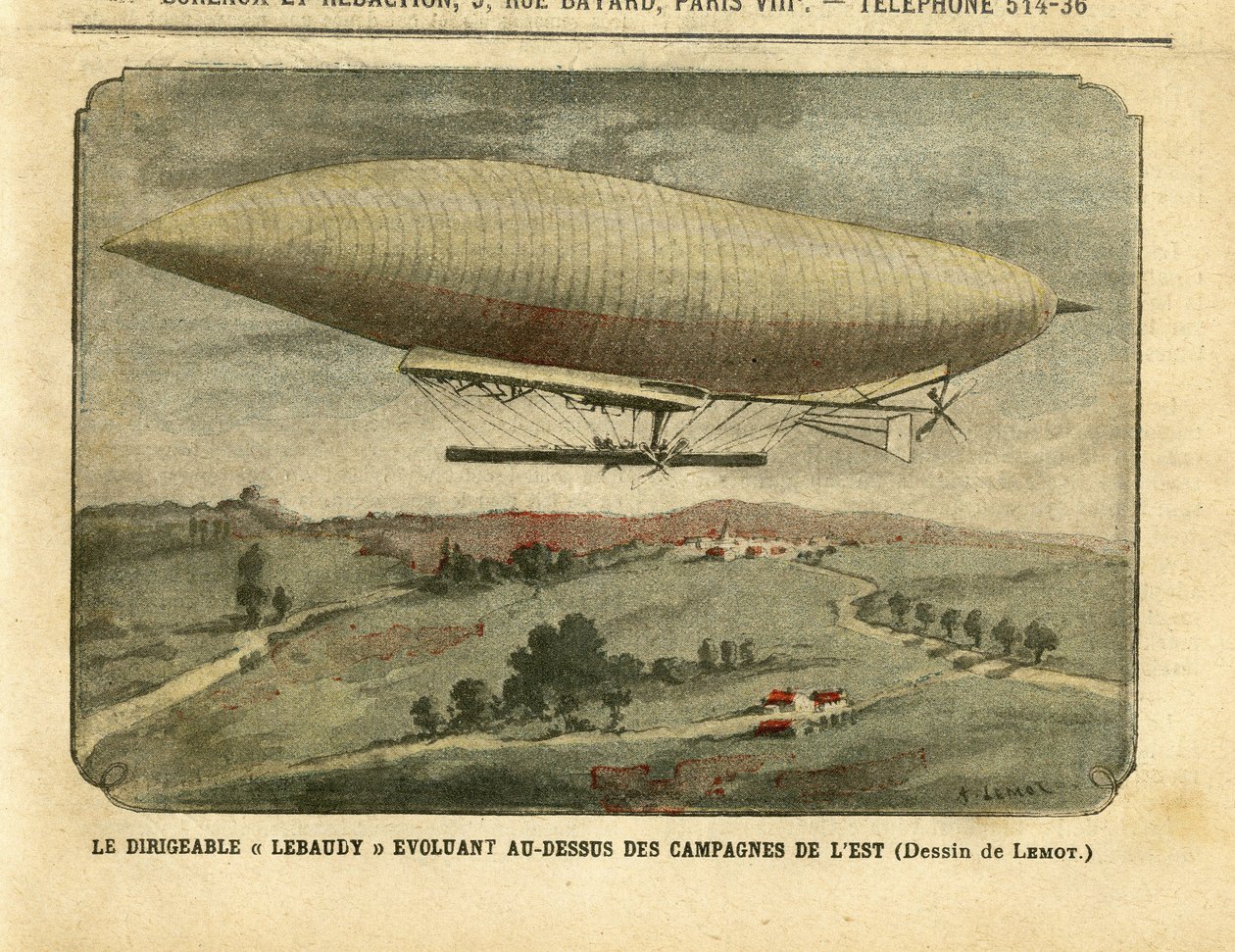 Ilustración de Achille Lemot (1846-1909) en Le Pelerin, 26/11/05 - El dirigible "Lebaudy" evolucionando sobre el campo oriental - Campaña, Globos dirigibles zepelines aerostación, Lebaudy de Achille Lemot