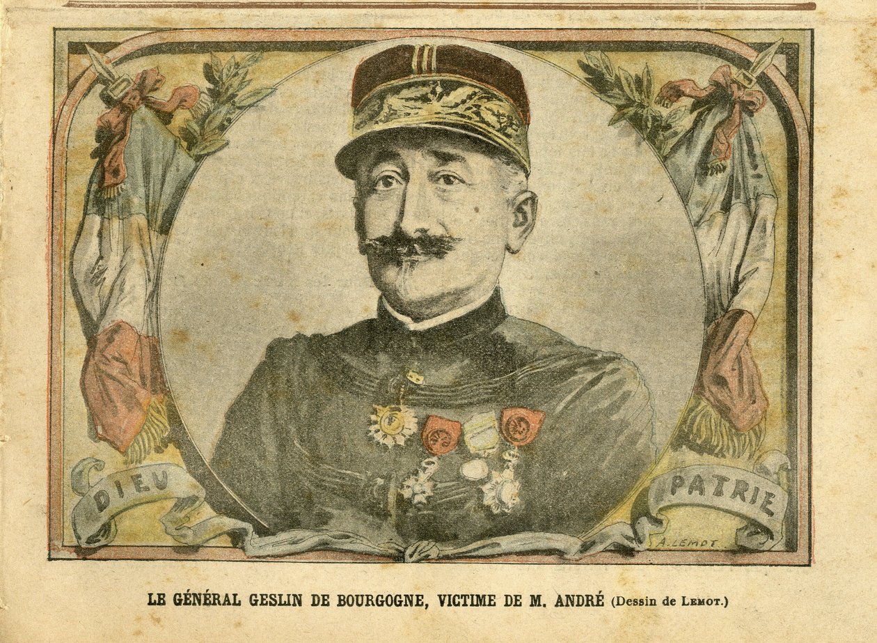 Ilustración de Achille Lemot (1846-1909) en Le Pelerin, 27/03/04 - General Geslin de Borgoña, víctima del Sr. André - Ejército, Caso de las cartas - André Louis, General Generales, Jules Henri Geslin de Borgoña (1812-1897) de Achille Lemot