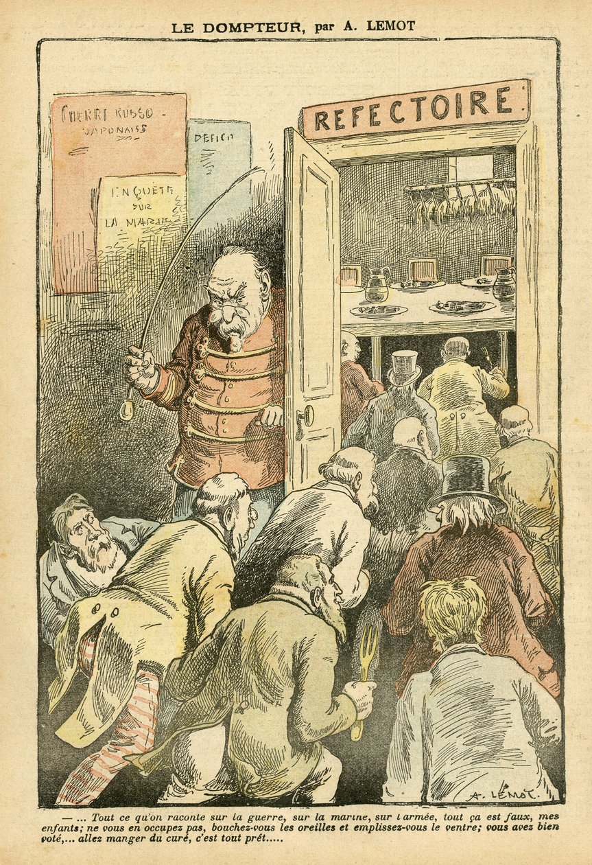 Ilustración de Achille Lemot en Le Pelerin, 27/03/04 - El domador - Restaurante Cafés, Gastronomía cocinero - Combes Emile, Domador - Metáfora de Comida de Achille Lemot