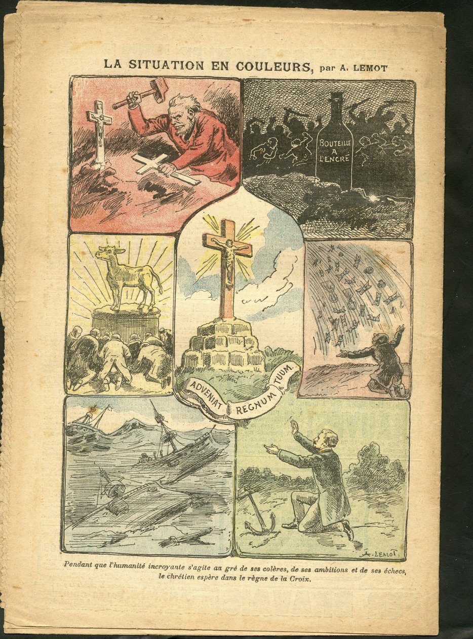 Ilustración de Achille Lemot (1846-1909) en Le Pelerin, 28/02/09 - La situación en color - Religión Fe, Marina Marítima Costera, Ateísmo, Accidentes Desastres, Desastre Natural, Cruz Cristiana, Catolicismo Católico - Becerro de Oro de Achille Lemot