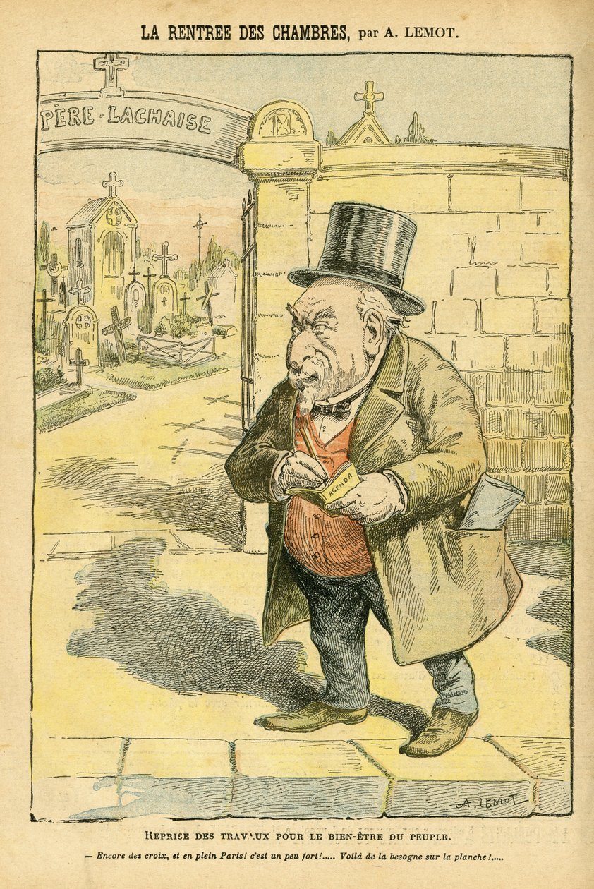 Ilustración de Achille Lemot (1846-1909) en Le Pelerin, 29/05/04 - La vuelta de las habitaciones - Religión Fe, Cementerio, Bloque de izquierdas, Luto Funerales, Père Lachaise, Catolicismo - Laicización del espacio religioso, Laicidad Laicos de Achille Lemot