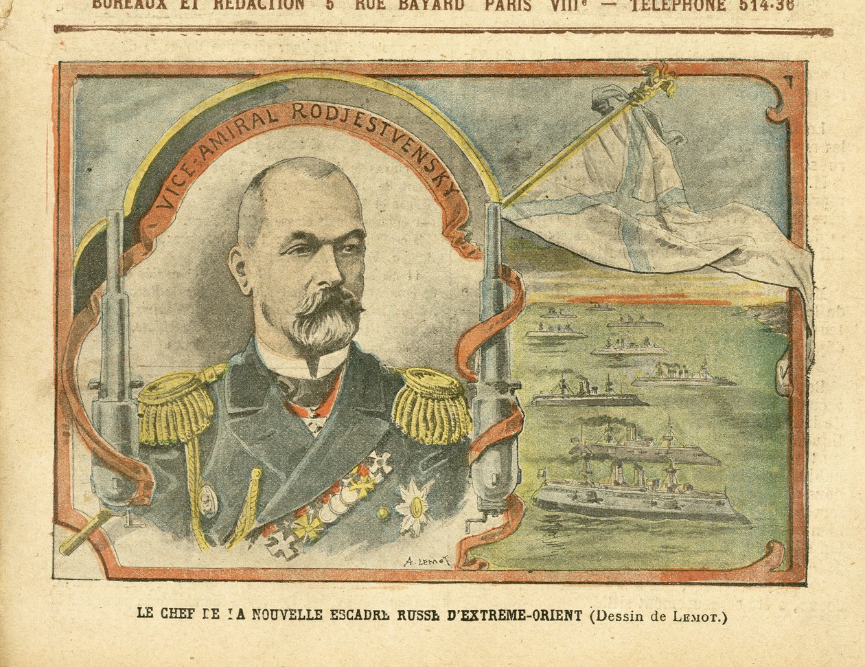 Ilustración de Achille Lemot en Le Pelerin, 30/04/05 - El líder del nuevo Escuadrón del Lejano Oriente Ruso - Rusia, Ejército, Marina Marítima, Buques de Guerra - Almirante, Rodjestvensky de Achille Lemot