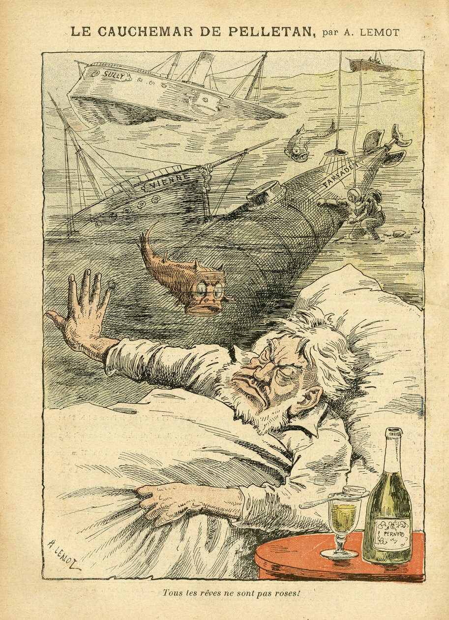 Ilustración de Achille Lemot (1846-1909) en Le Pelerin, 30/07/05 - La Pesadilla de Pelletan - Varios Hechos, Ejército, Marina Marina Marina Costera, Submarino, Desastres Accidentes, Alcohólico Alcohólico Alcohólico, Farfadet, Sully, Buques de Guerra - Pesc de Achille Lemot