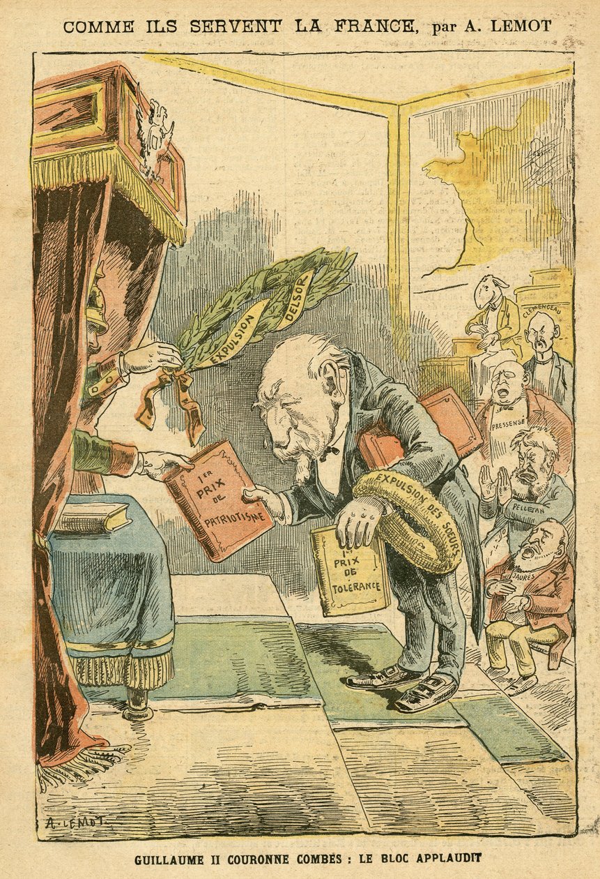 Ilustración de Achille Lemot (1846-1909) en Le Pelerin, 31/01/04 - Cómo sirven a Francia - Alemania Prusia, Religión Fe, Bloque de Izquierda, Patriotismo, Catolicismo - Expulsiones de Religiosos - Combes Emile (1835-1921), Guillermo II, Delsor Nicolas de Achille Lemot