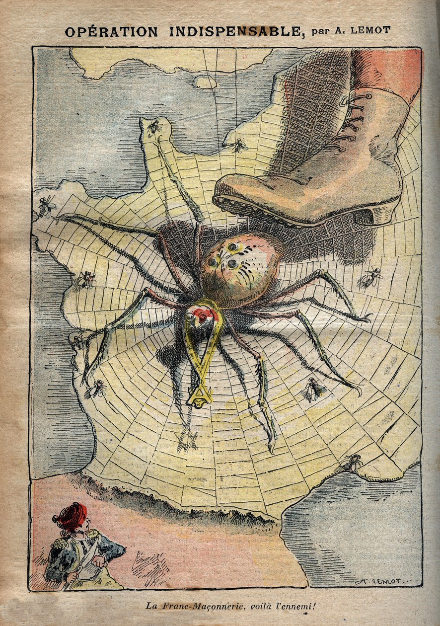 Operación indispensable - Francmasonería, ¡aquí está el enemigo! - Caricatura de Achille Lemot en "Le-Pelerin" de abril de 1907 de Achille Lemot