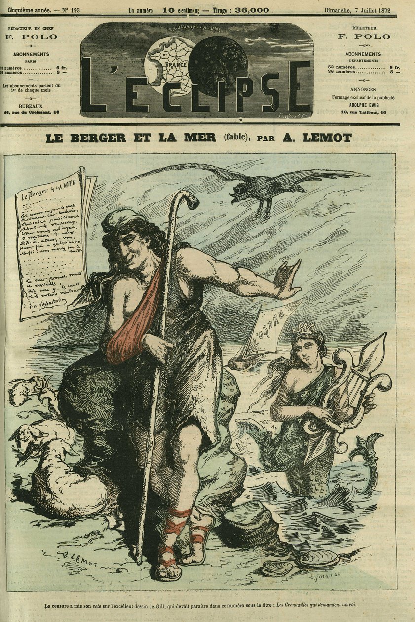 El pastor y el mar ilustra una fábula para reemplazar la caricatura de Gill “Las ranas que piden un rey” prohibida por la censura. Portada en “L