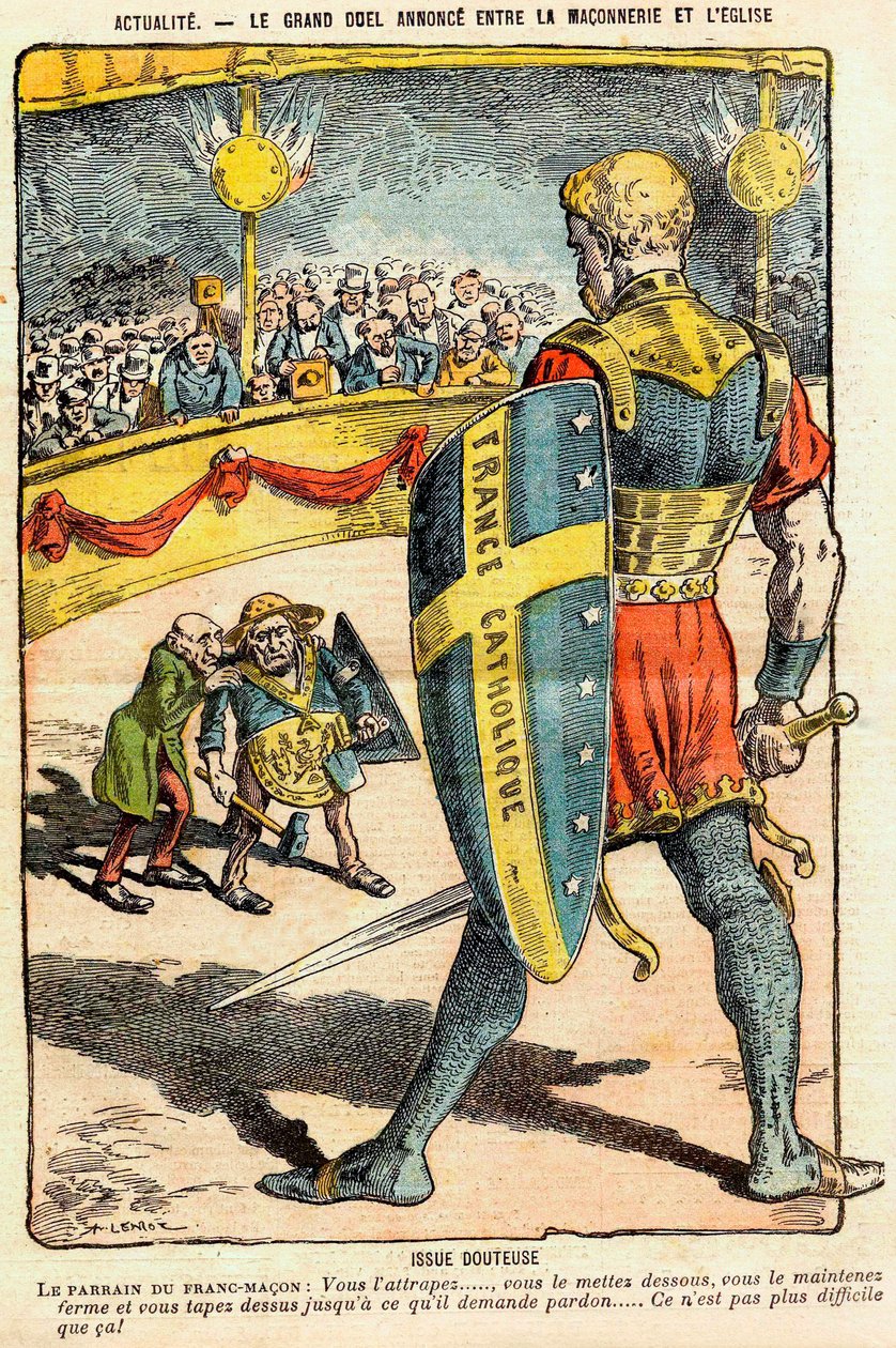 El gran duelo anunciado entre la Masonería y la Iglesia Resultado Dudoso - El padrino del Francmasón: ¡Lo atrapas, lo pones abajo, lo sostienes firme y lo golpeas hasta que pida perdón, no es más difícil que eso! - Caricatura de Achille de Achille Lemot