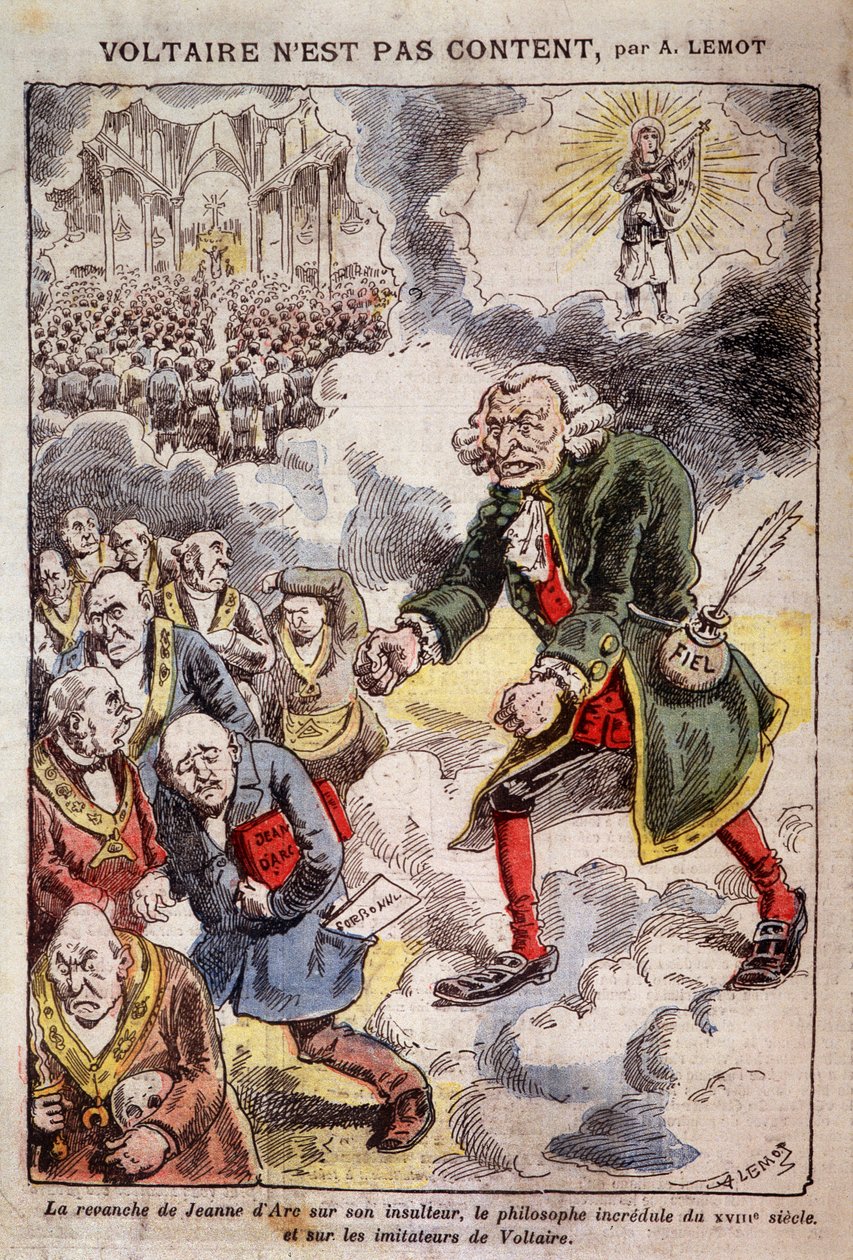 Voltaire no está contento con Achille Lemot (1846-1909) - Caricatura sobre los Francmasones - en "Pelerin" 25/04/1909 (grabado) de Achille Lemot