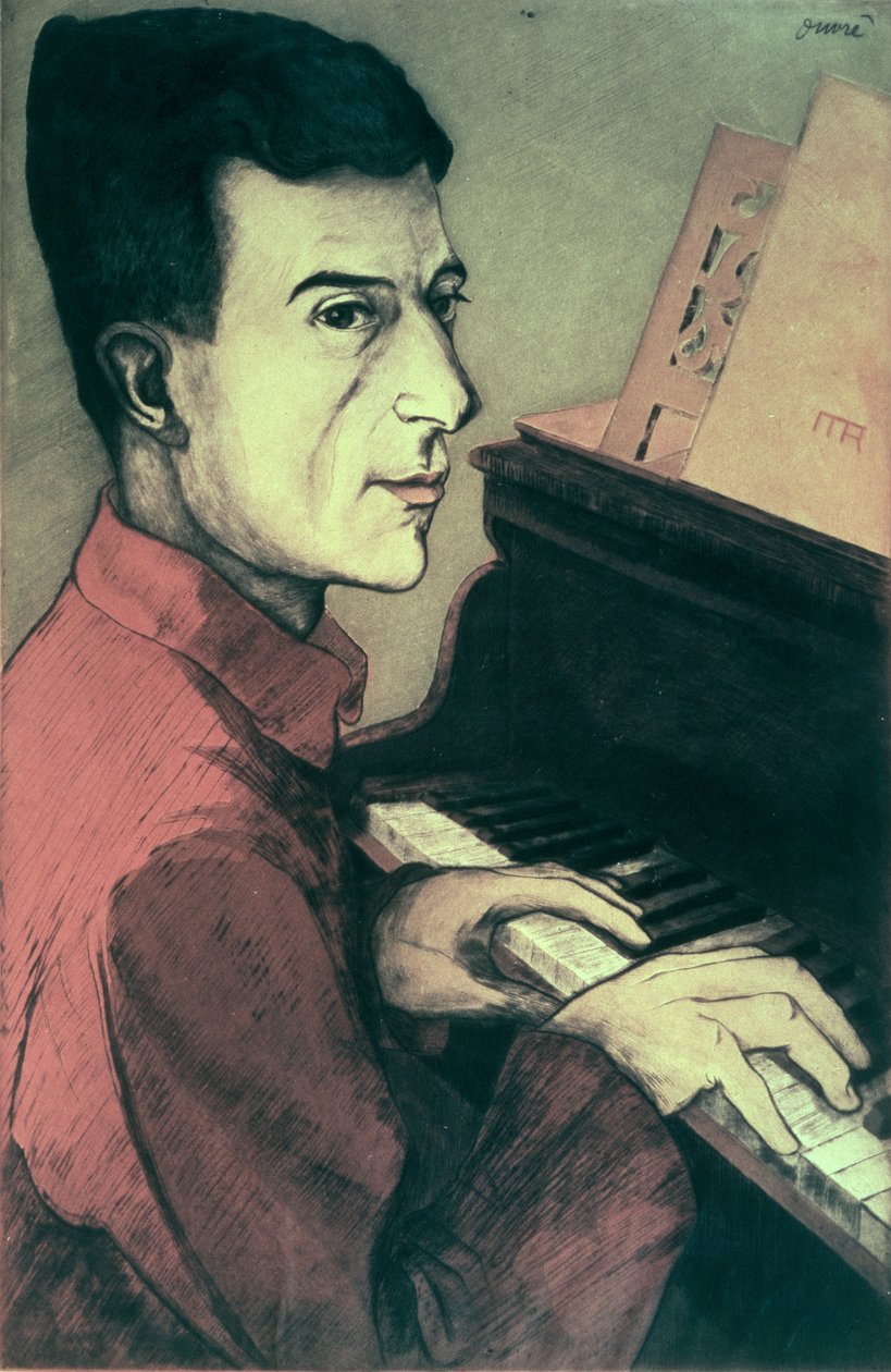 Retrato de Maurice Ravel tocando el piano de Achille Ouvré