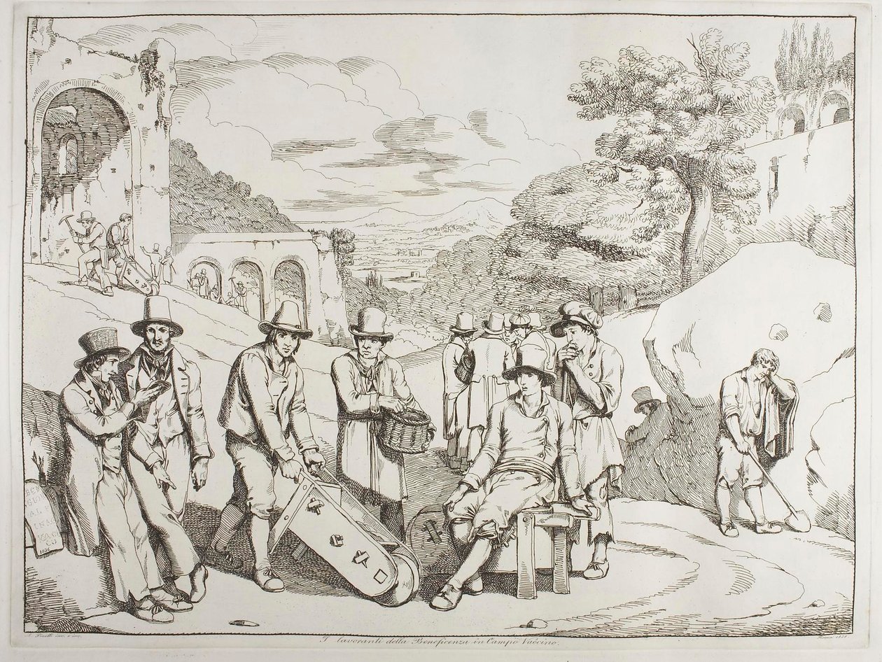 Trabajadores de beneficencia en el Campo Vaccino de Achille Pinelli