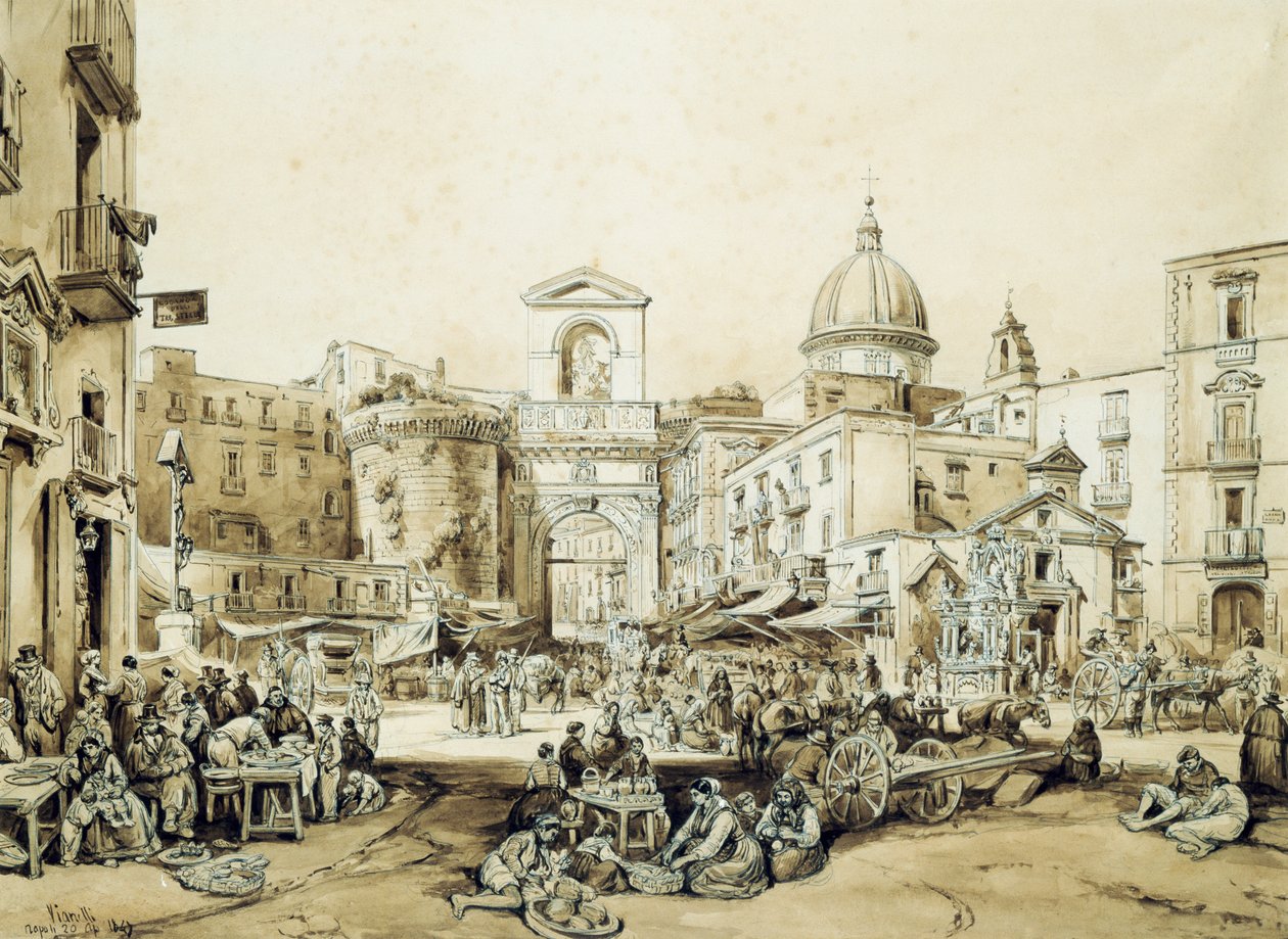 Porta Capuana en Nápoles, de Achille Vianelli (1803-1894), sepia, 43x60,5 cm de Achille Vianelli