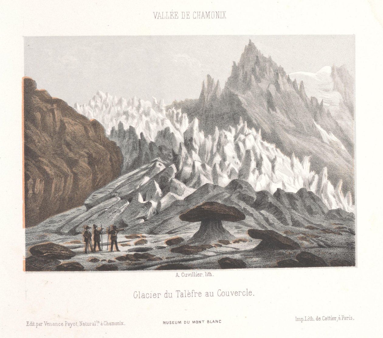 Vista de la piedra de Couvercle en el glaciar de Talèfre Glacier du Talèfre au Couvercle (título sobre el objeto) Memoria de Chamonix-Mont-Blanc (título de serie) Museum du Mont-Blanc (título de la serie sobre el objeto) de Ad. Cuvillier