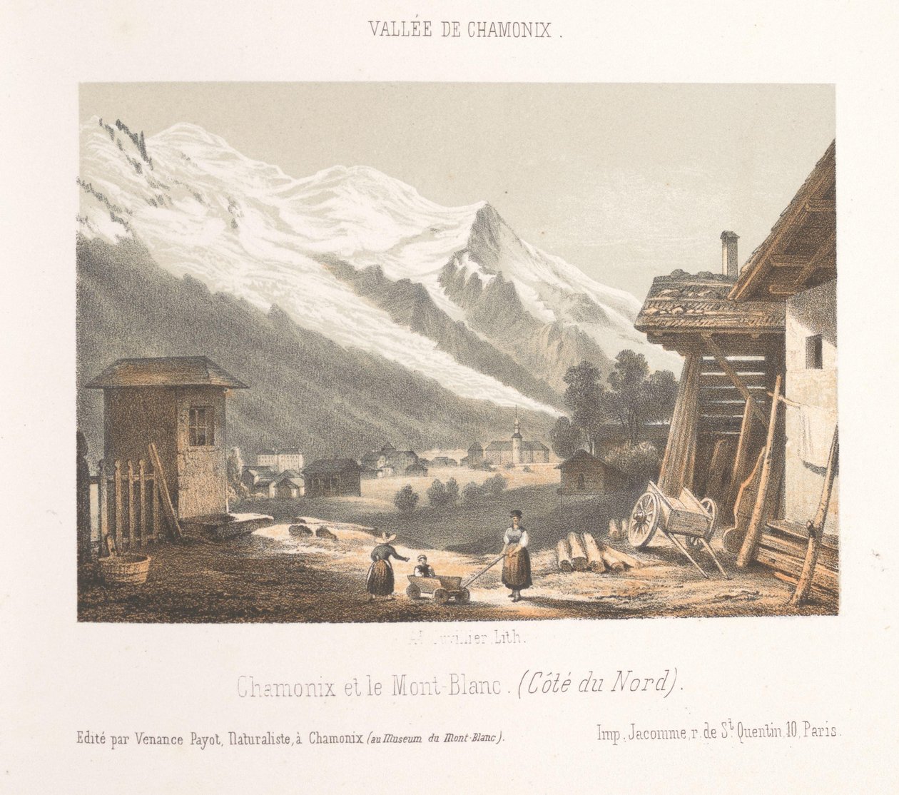 Vista del valle de Chamonix desde el paso de Les Montées
Entrada al Valle de Chamonix en Les Montées (título en el objeto)
Herinnering aan Chamonix-Mont-Blanc (título de la serie)
Museum du Mont-Blanc (título de la serie en el objeto) de Ad. Cuvillier