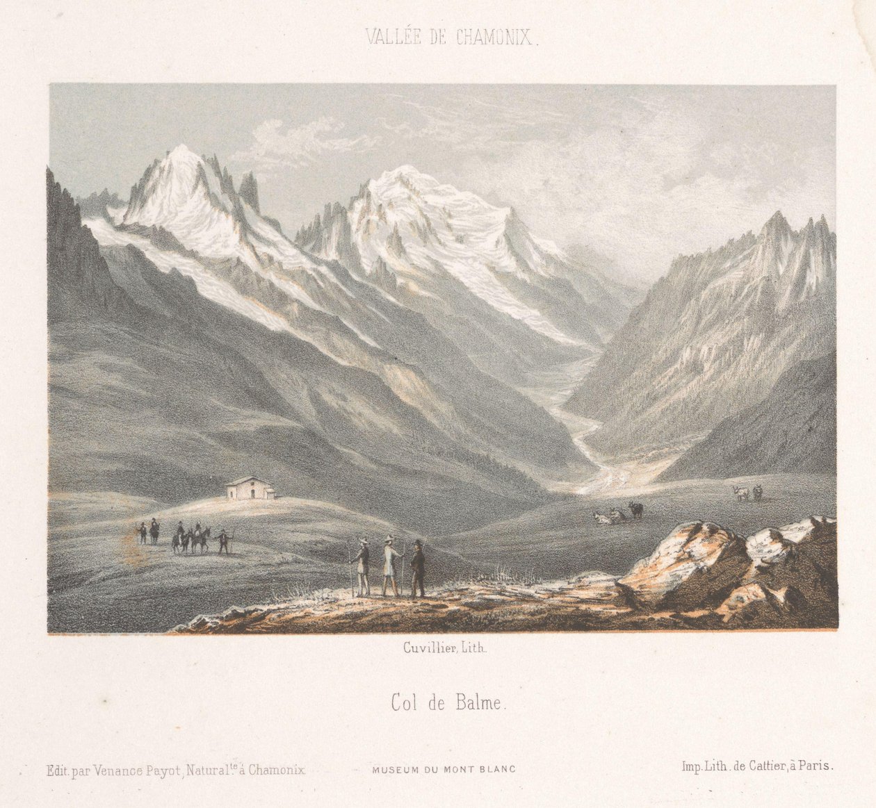 Vista del pueblo de Les Planards en la carretera de Montenvers Les Planaz, chemin du Montanvert (título sobre objeto) Memoria de Chamonix-Mont-Blanc (título de serie) Museo del Mont Blanc (título de la serie) de Ad. Cuvillier