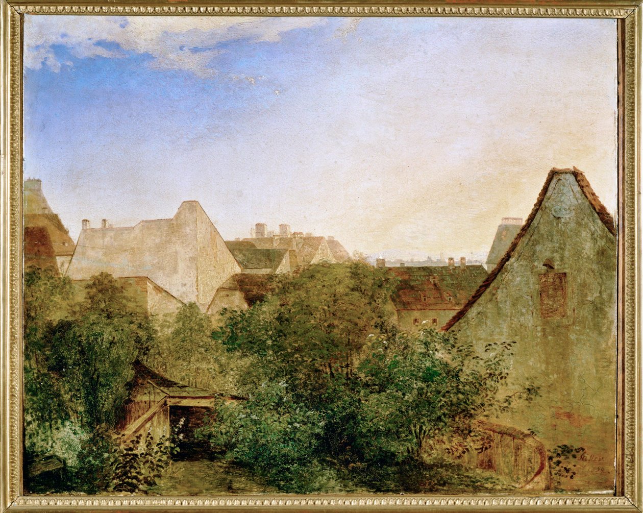 Blick ueber Wiener Vorstadthaeuser - Una vista a través de los suburbios de Viena ... (pintura sobre madera) de Adalbert Stifter