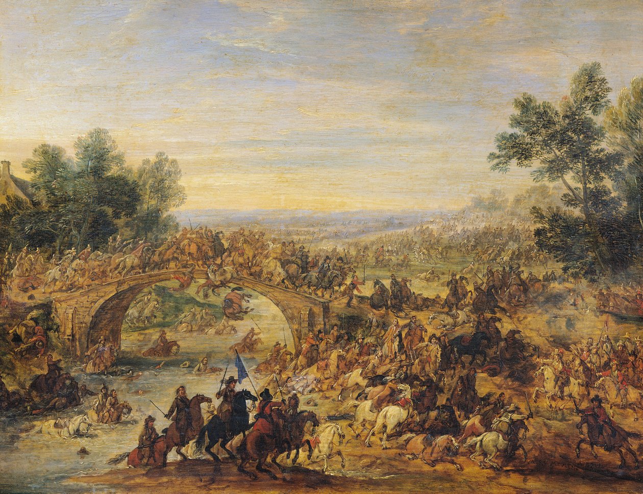 Batalla de caballería en un puente de Adam Frans van der Meulen