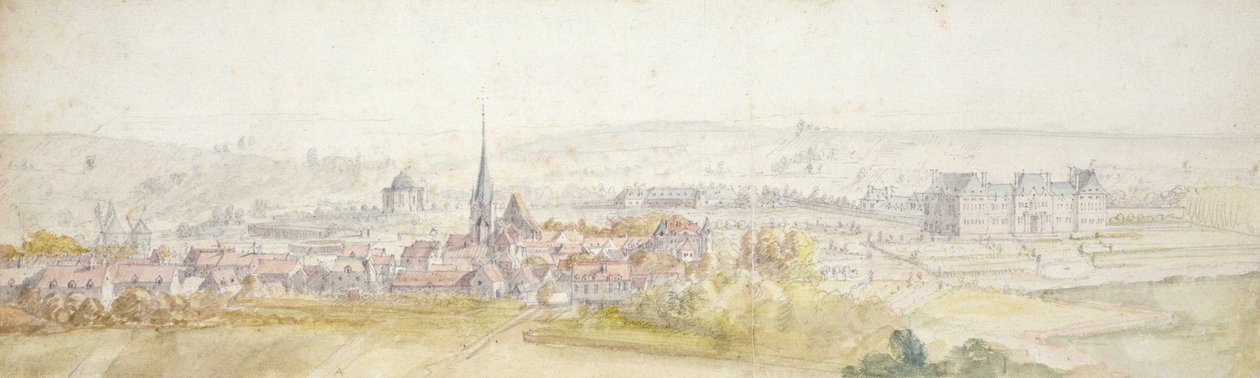 Vista distante de una ciudad con un castillo a la derecha de Adam Frans van der Meulen