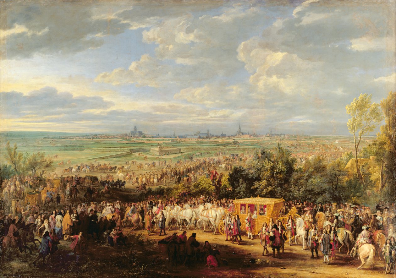 La entrada de Luis XIV (1638-1715) y María Teresa (1638-83) de Austria en Arras, 30 de julio de 1667, c.1685 de Adam Frans van der Meulen