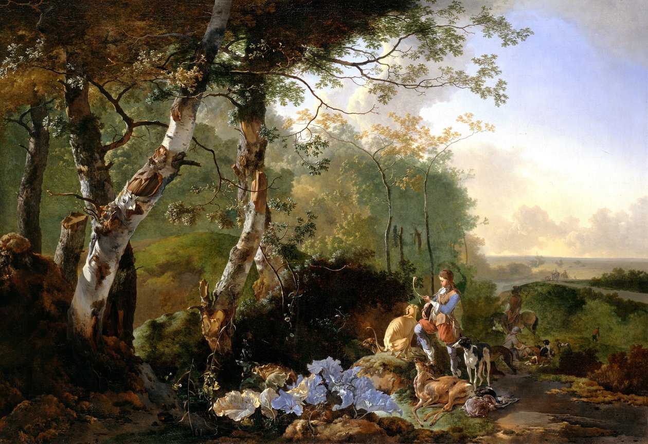 Paisaje con cazadores y caza de Adam Pynacker