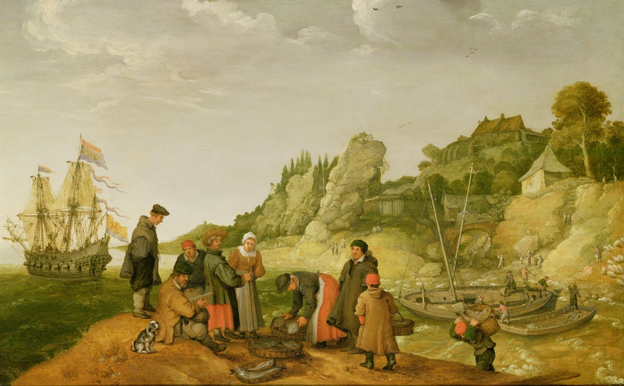 Pescadores descargando y vendiendo su captura en una costa rocosa de Adam Willaerts