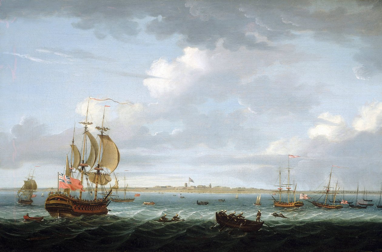 Navegación frente a la costa de Madrás (India), con una descripción del puerto y de la ciudad y la bandera británica ondeando sobre el Fuerte San Jorge, que evoca el aumento de las dificultades en la India para el Imperio Británico. de Adam Callander