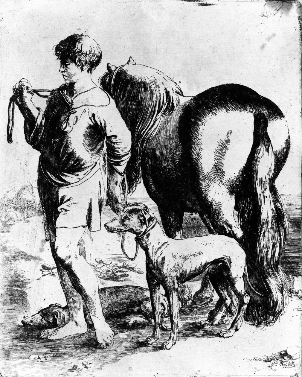 Niño con un caballo y dos perros, c.1597-1610 de Adam Elsheimer
